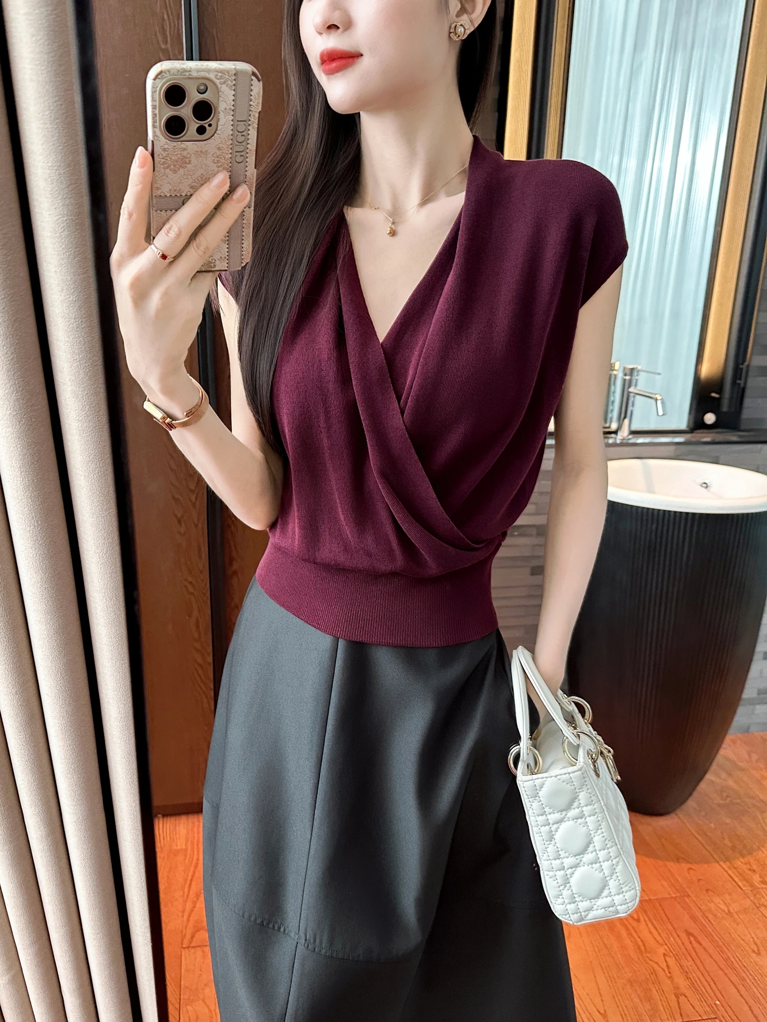 

You See in Silence'White Enhancing King' Wine Red Rayon Knitted Top Commute Style Soft Fit Short Sleeve V Neck