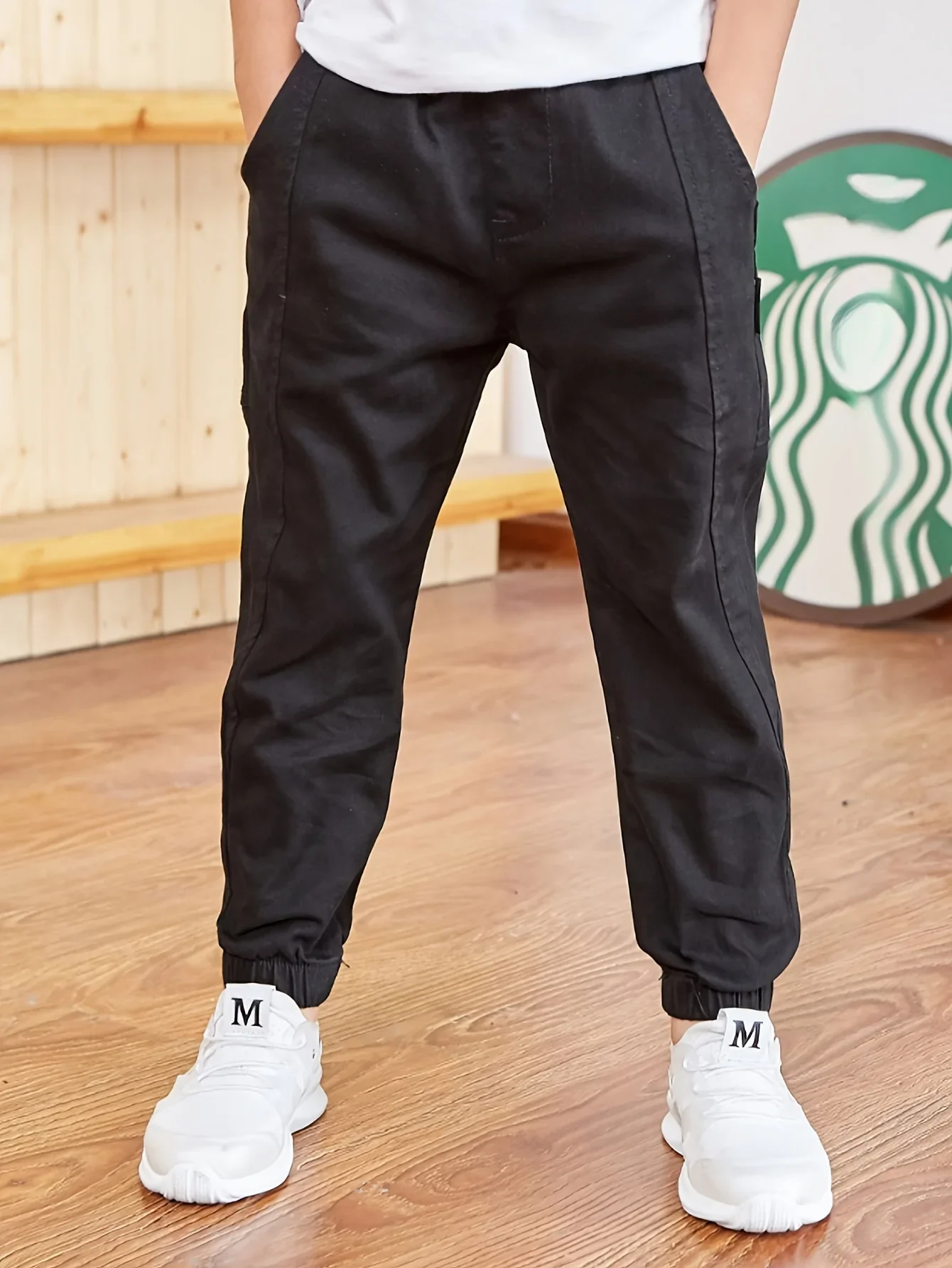 Boy's Stylish Solid Color Jogger Pants Elastic Waist Outdoor Casual Cargo Jogger Trousers