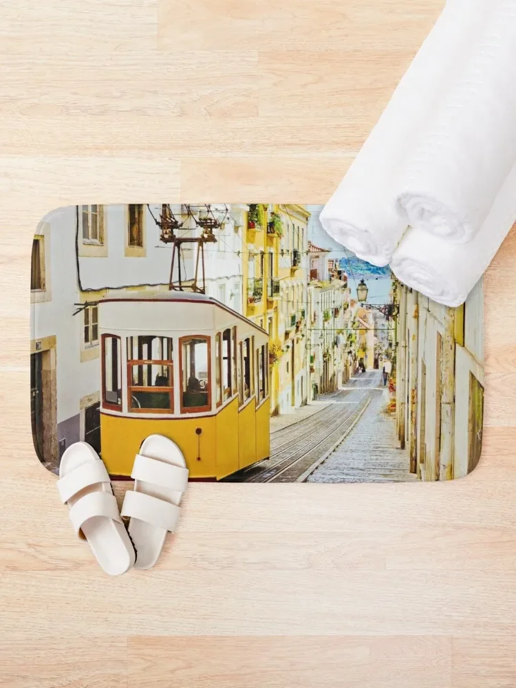 Lisbon Portugal Tram train - Funicular Bath Mat Bath Rugs Floors Mat