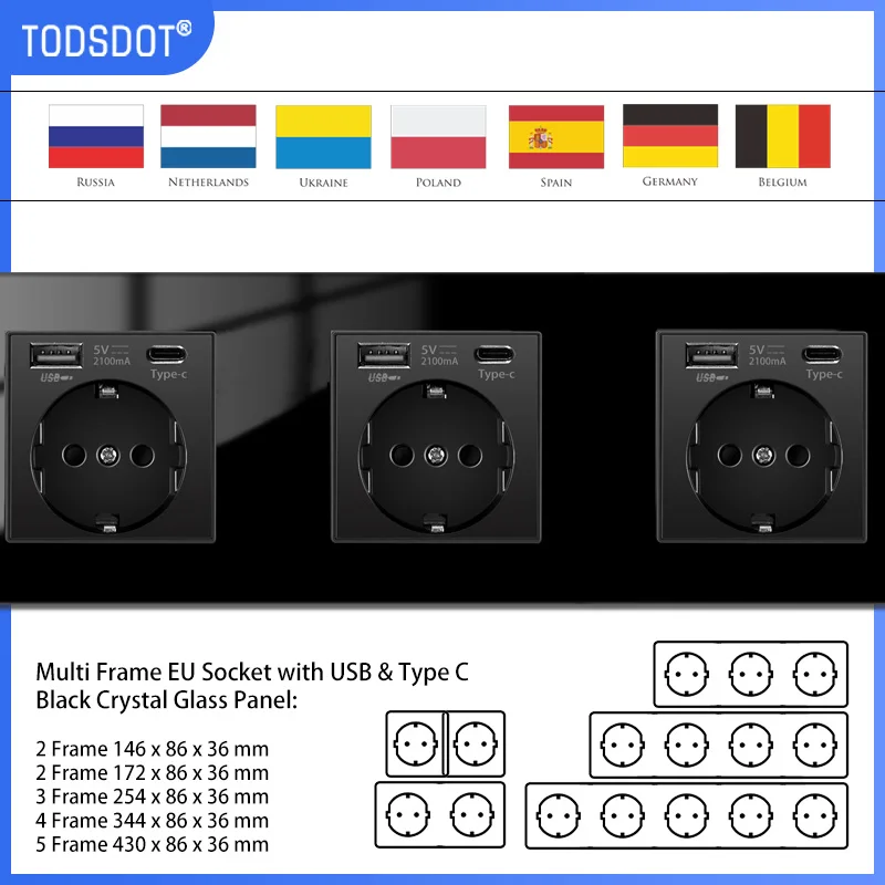 

Multi Frame EU Wall Socket German 16A 250V Crystal Black Glass Grounded, USB Type C Fast Charge Port Android Xiaomi Huawei