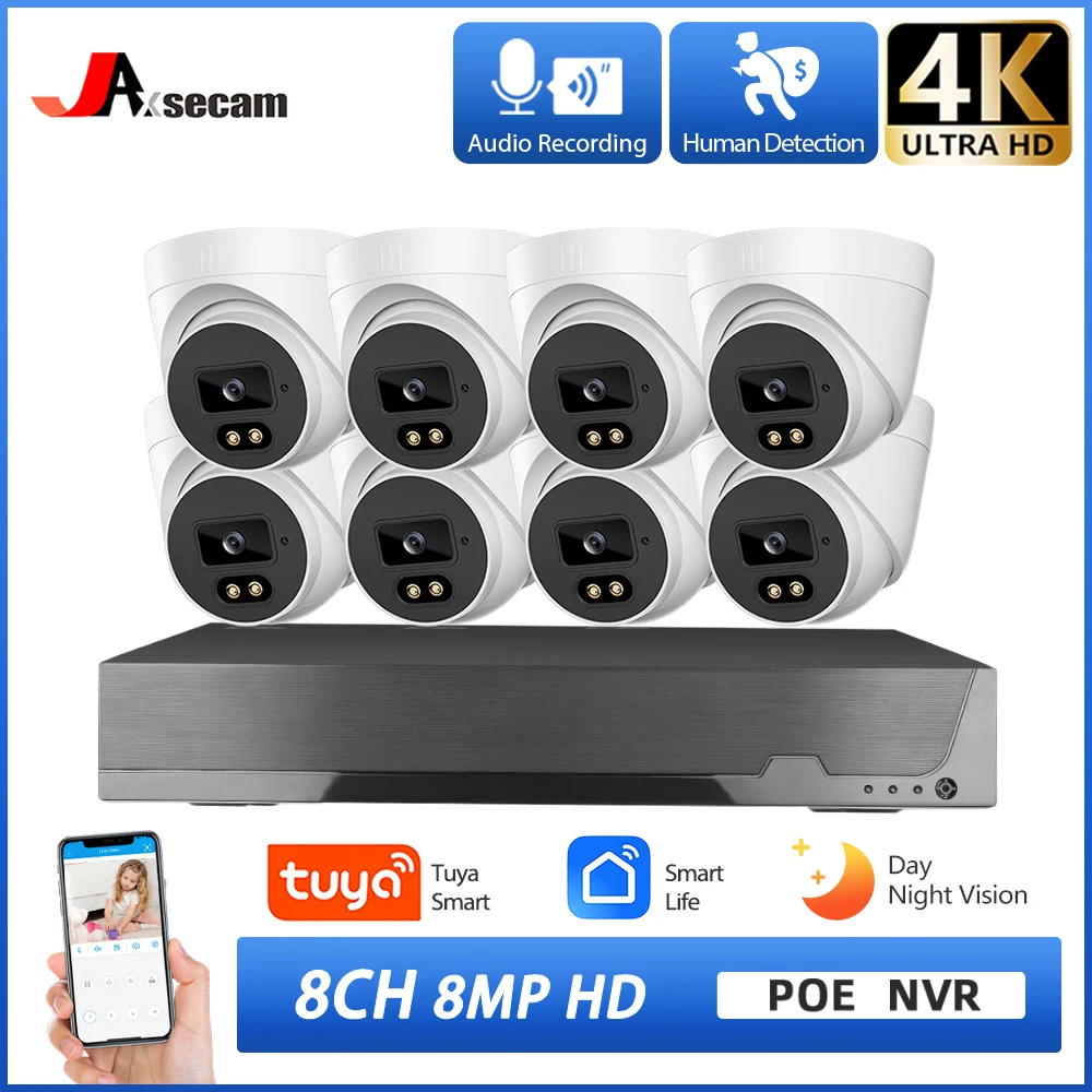 

4K 8MP HD Tuya Smart Life POE NVR система видеонаблюдения, 8 каналов, внешний звук, дневная и Ночная IP-камера безопасности, комплект видеонаблюдения