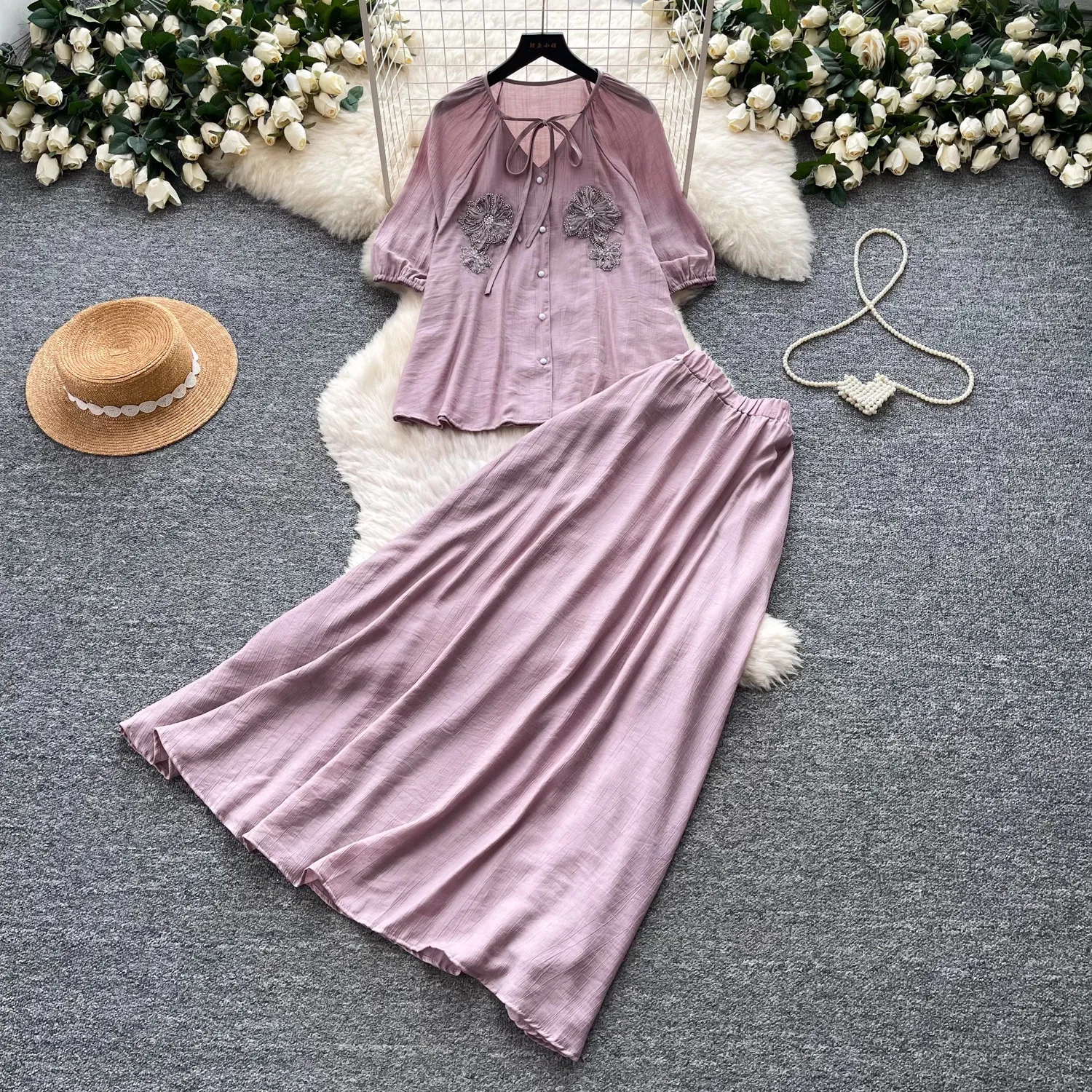 

Women Skirt Set Two Piece Sets V Neck Short Sleeve Tops Long Skirts A Line High Waist Y2k Streetwear Elegant Casual Loose Summer
