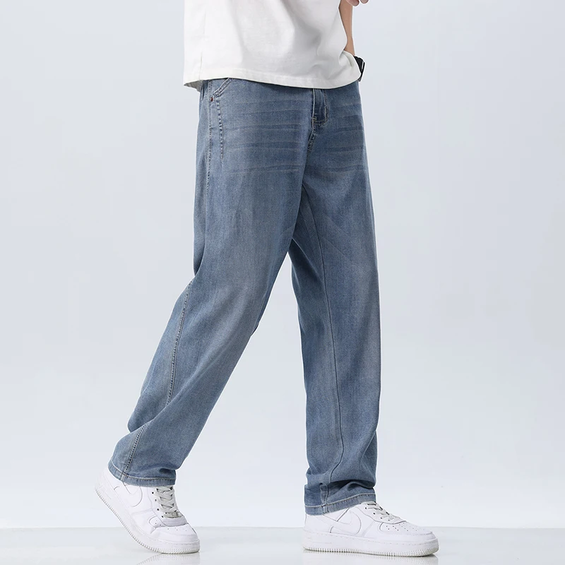 Jeans droits en tissu Lyocell pour hommes, pantalons en denim, streetwear décontracté, mince et doux, vêtements de marque, nouveau design, été, FJMale 28-38