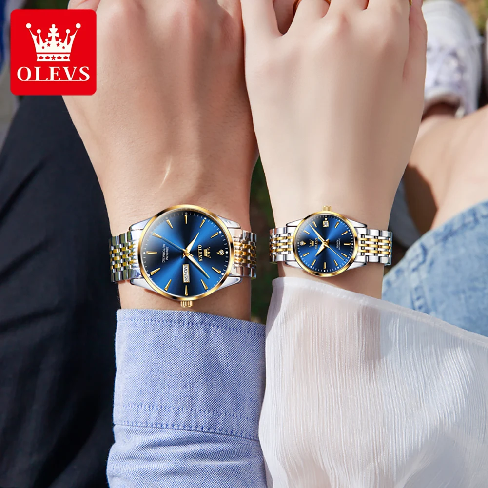 OLEVS 6635 Luxury Brand Couple Watch Chronograph Date Automatic Mechanical Wristwatch Waterproof Stainless Steel Watch for Lover