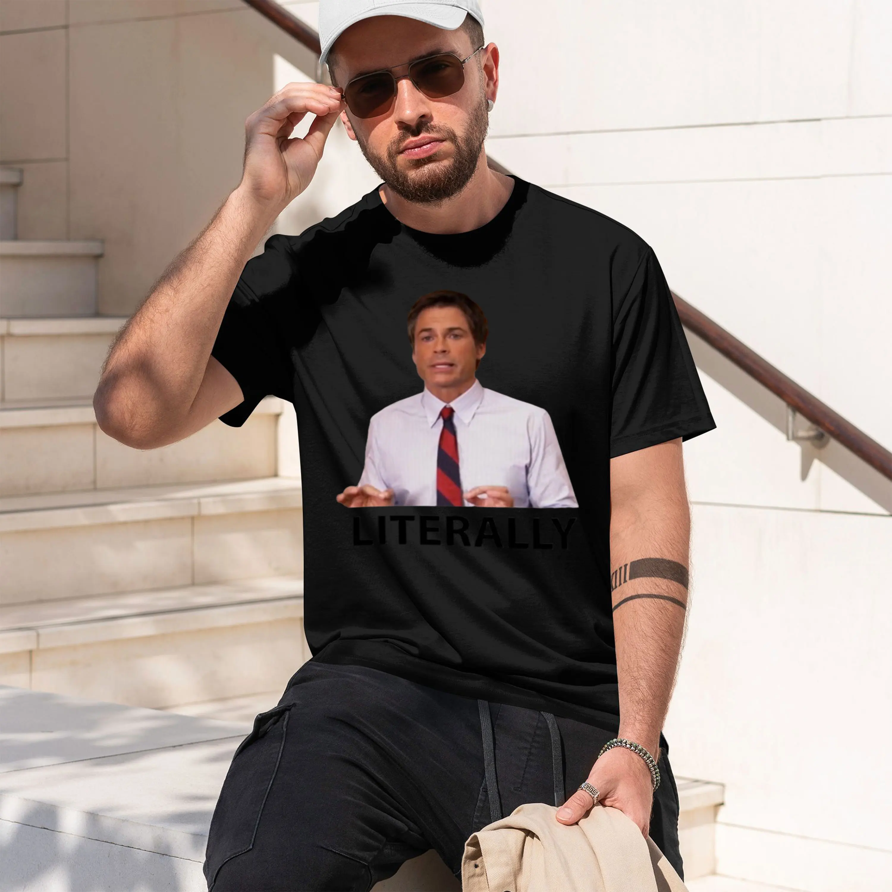 Parks and Rec ris Traeger Literally Sticker 2026 Nuevo modelo Camiseta de manga corta con cuello redondo para hombre, estilo clásico informal, varios colores