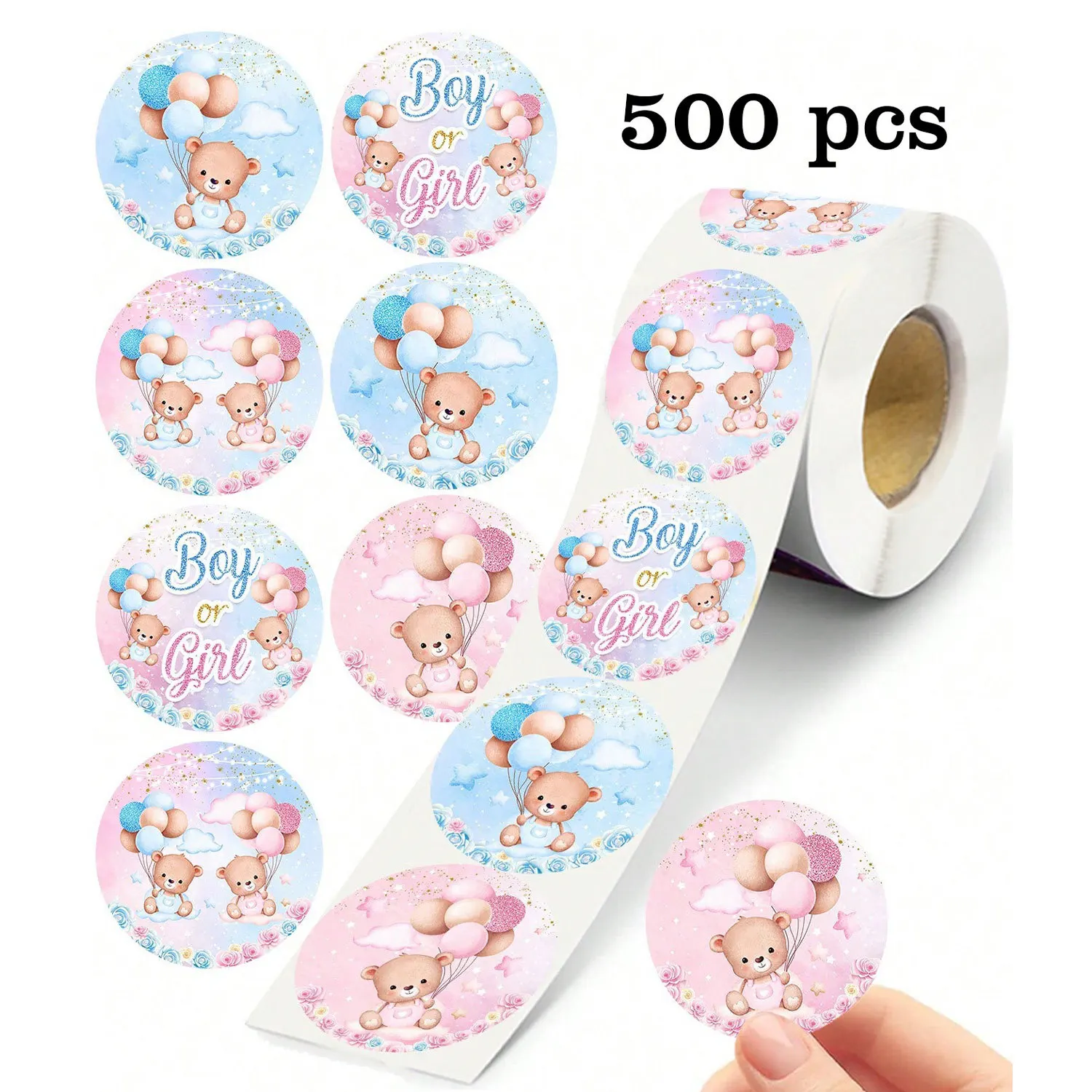 500 Pegatinas para Revelación de Género, Niño o Niña, Rollo de Pegatinas con Ositos Adorables para Baby Showers y Fiestas de Revelación de Género