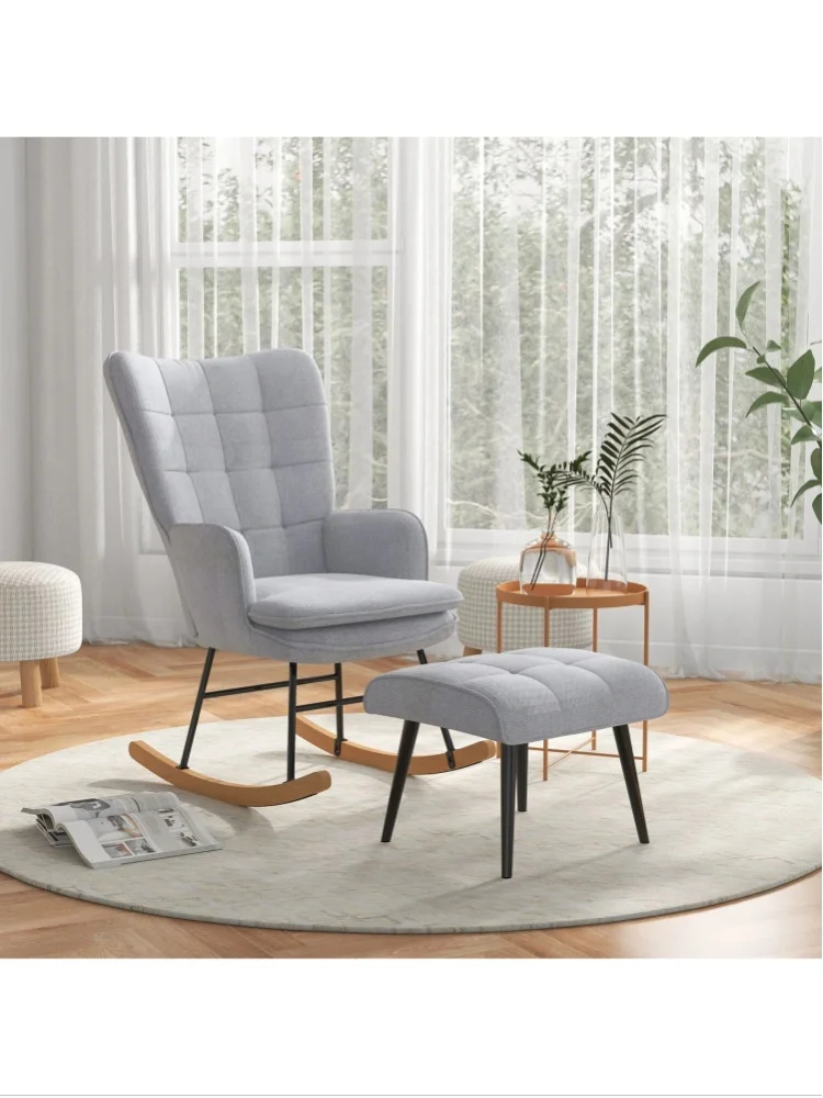 HOMCOM Schaukelstuhl Schwingsessel mit Hocker Relaxsessel mit Leinenoptik
