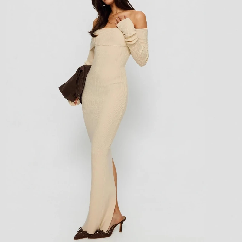 Spring and Autumn New Style Off-the-Shoulder Fashionable Casual Solid Color Slimming Elegant Long Sleeve Dress for Women