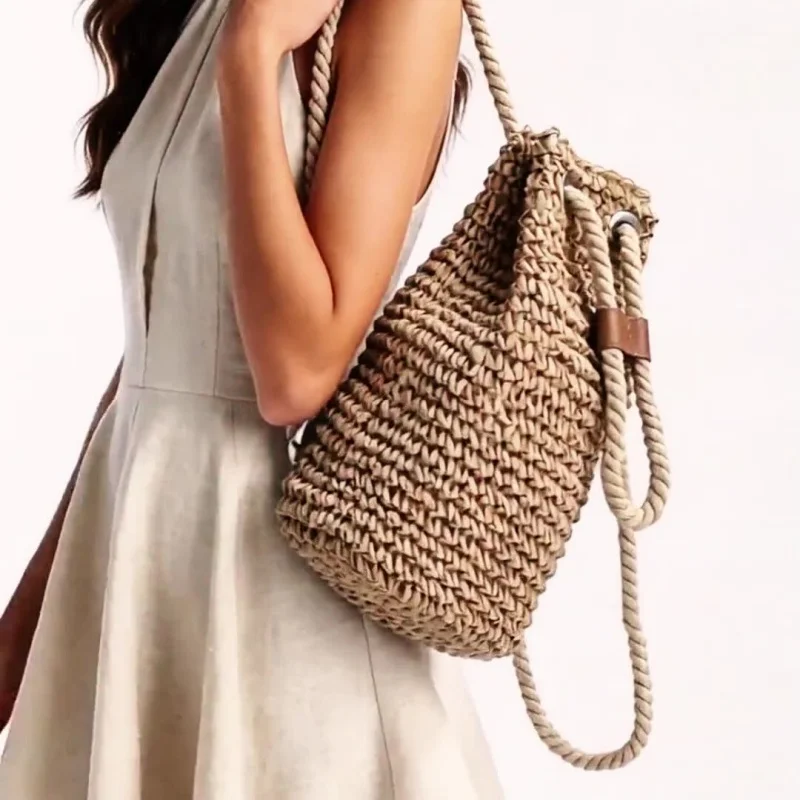 2026 New Summer Casual Straw Backpacks Women Handmade Drawstring Beach Shoulder Bags Ladies Raffia Rattan Woven Travel Handbags