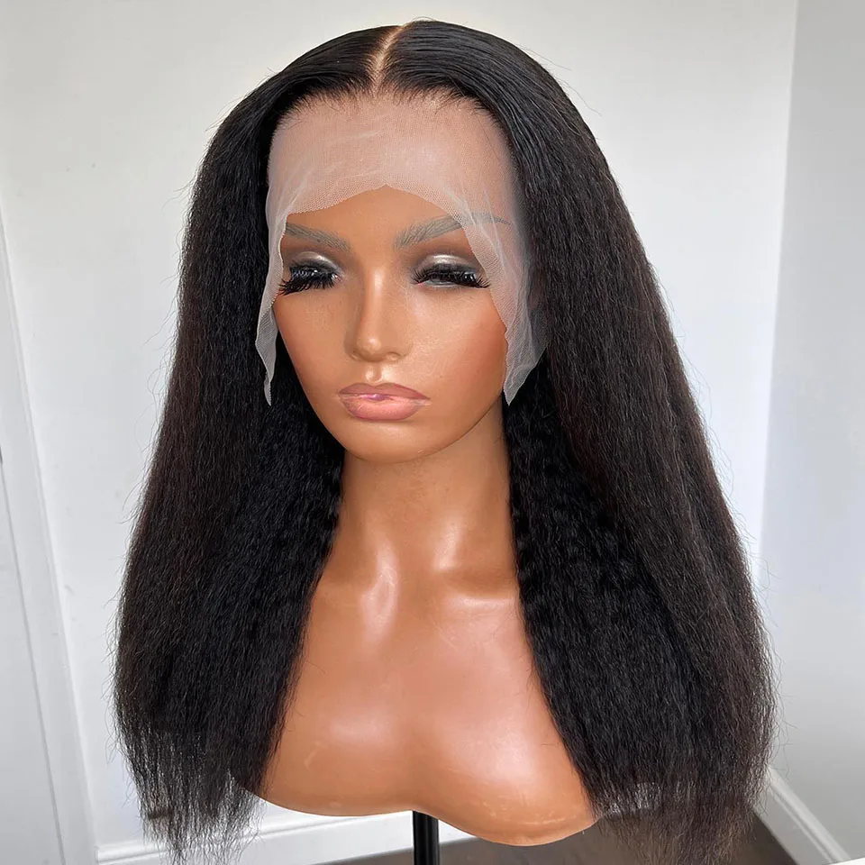 Yaki Glueless Soft 28 inch 200% Density Natural Black Long Kinky Straight Lace Front Wig For Women With Baby Hair Preplucked
