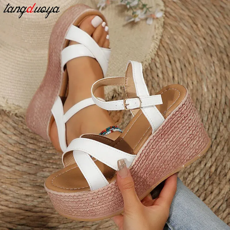 Ankle Buckle Wedge Sandals for Women 2024 Summer Platform Sandal Woman Thick Sole Vacation Beach Shoes Dress party Shoes 43