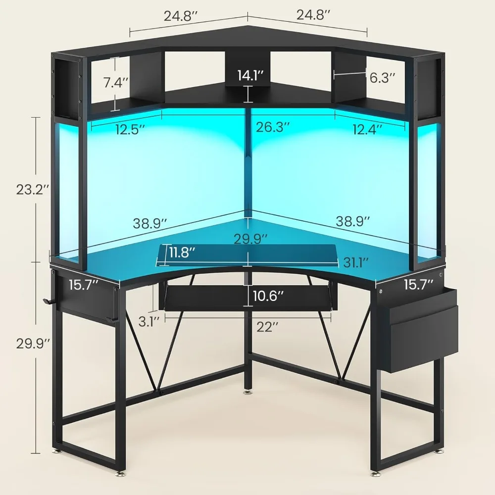 

Small computer desk with corner table and LED lights, triangular gaming computer desk with keyboard tray