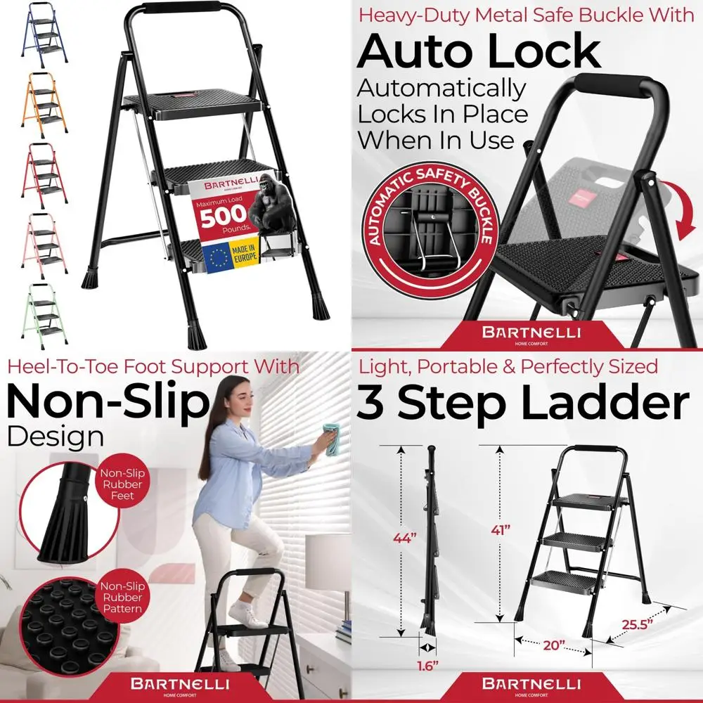 Luxury European-Made Foldable 3-Step Stool with 500 lb Capacity for Home Use - Durable and Long-Lasting Step Ladder