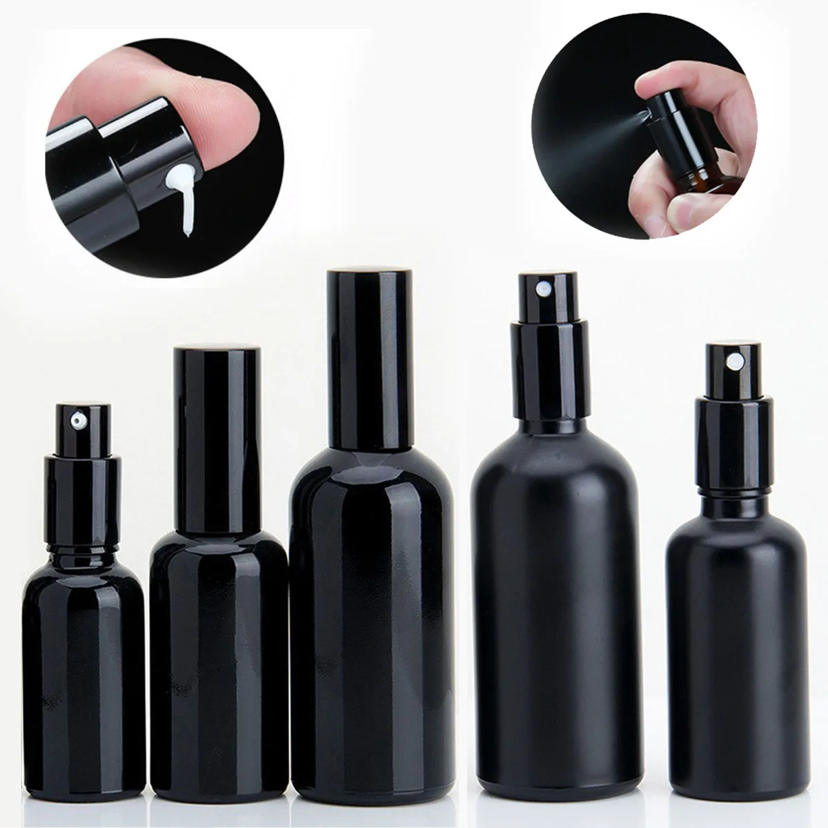 10PCS 10/15/20/30/50/100ml Spray Bottles Fine Mist Perfume Atomizer / Serum Pump Lid Refillable Black Glass Empty Bottle Shampoo