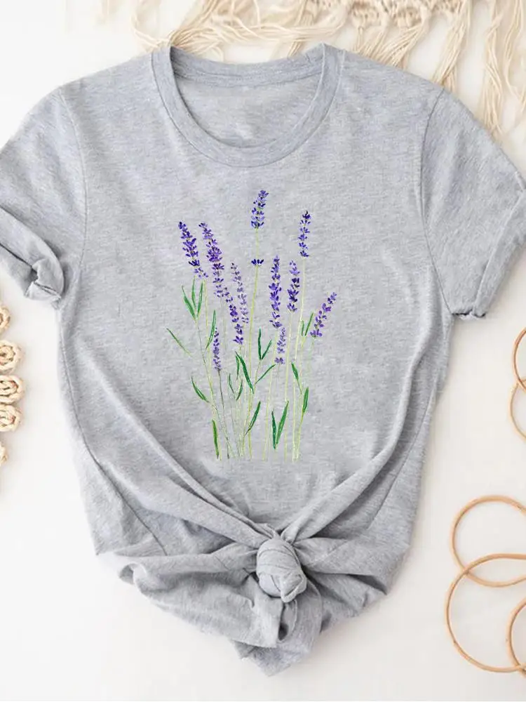 Damenbekleidung, bedrucktes graues T-Shirt, kurzärmeliges Sommer-Top, Pflanzen- und Blumen-Trend, modische Kleidung, Basic-T-Shirt, grafisches T-Shirt