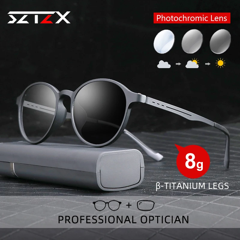 SZTZX Classic Round UltraLight TR90 Anti Blue Ray Reading Glasses Titanium Legs Photochromic Myopia Prescription Optical Eyewear