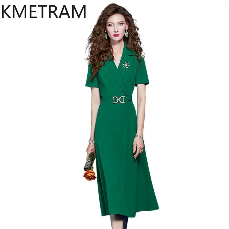 

TAJIYANE Elegant Forest Green Midi Dresses for Women Blazer Collar Belted Summer Frocks Office Formal Dress 2026 Woman Clothing
