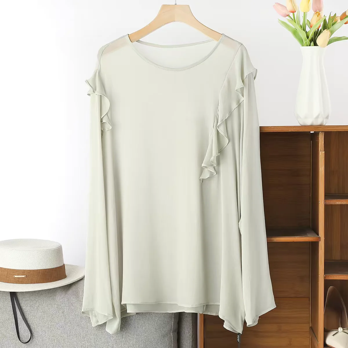 French Elegant Long Sleeve Ruffle Shirt Lightweight Sweet Top for Spring Summer Fashion plus Size Women's Clothing Red rose view 4