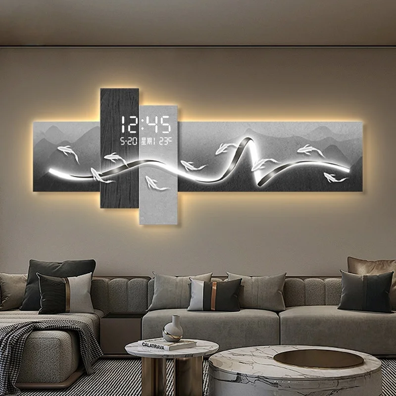 Light Luxury Line Nine Fish Led Decorative Painting Home Decoration Living Room Clock Hanging Painting Bedroom Corridor Lighting