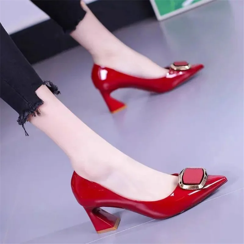 Cresfimix Sapatos Femininas Women Cute Pointed Toe High Quality Wine Red Patent Leather Slip on Square Heel Office Shoes A1139