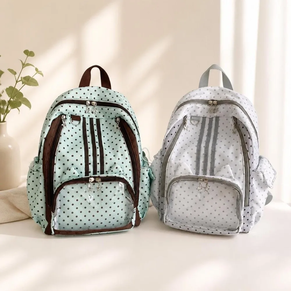 Cute Polka Dot Student Backpack Durable Transparent Pocket Rucksack Multi‑pocket Lightweight Backpack Teenagers