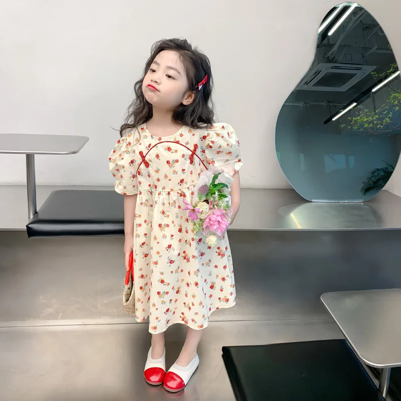 Girls Cheongsam Floral Dress Summer Children Summer Dresses National Style Retro Skirt Baby Thin Style Foreign Princess Dress