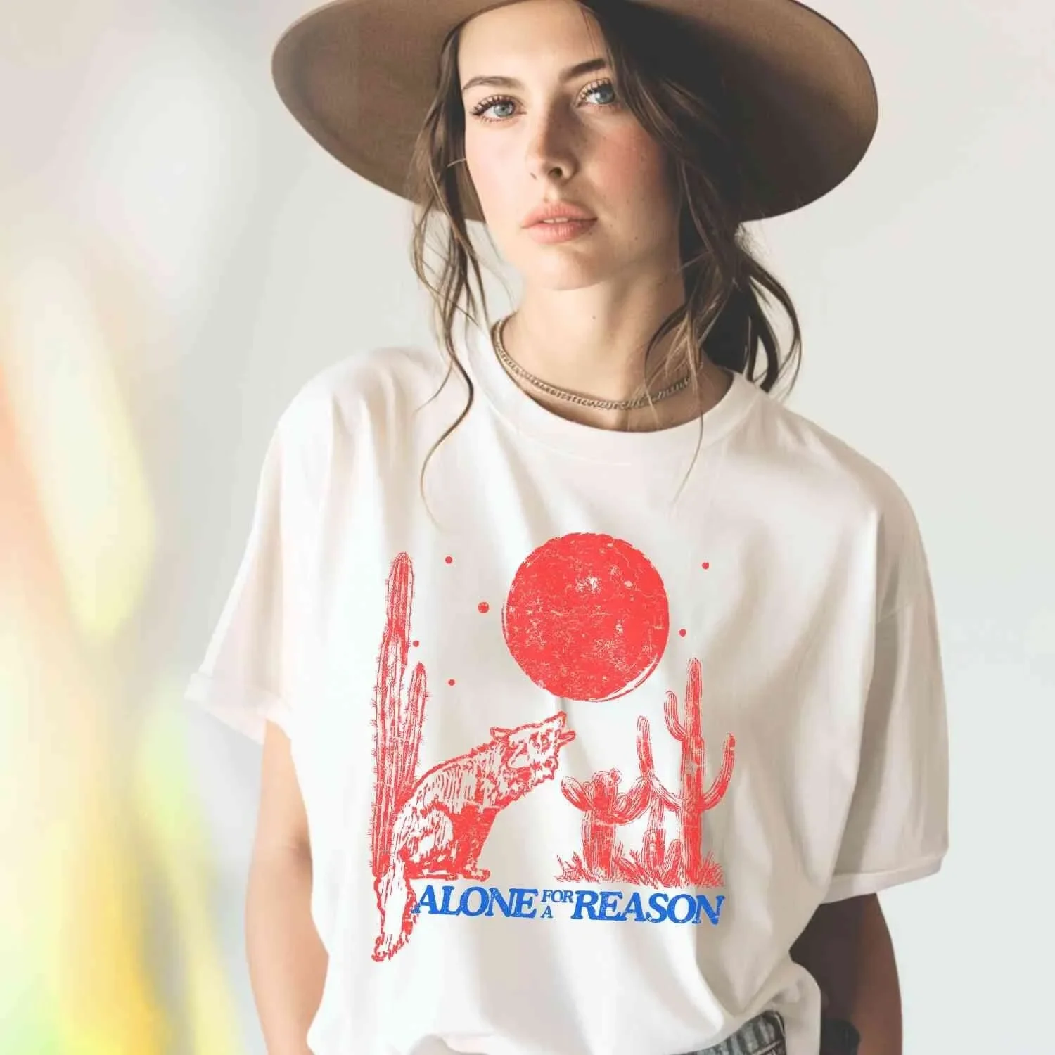 Lone Wolf T-Shirt im Vintage-Stil, heulender Mond, 90er Jahre, Rodeo, Südwesten, Wild West, Cowgirl-Outfit, Boho