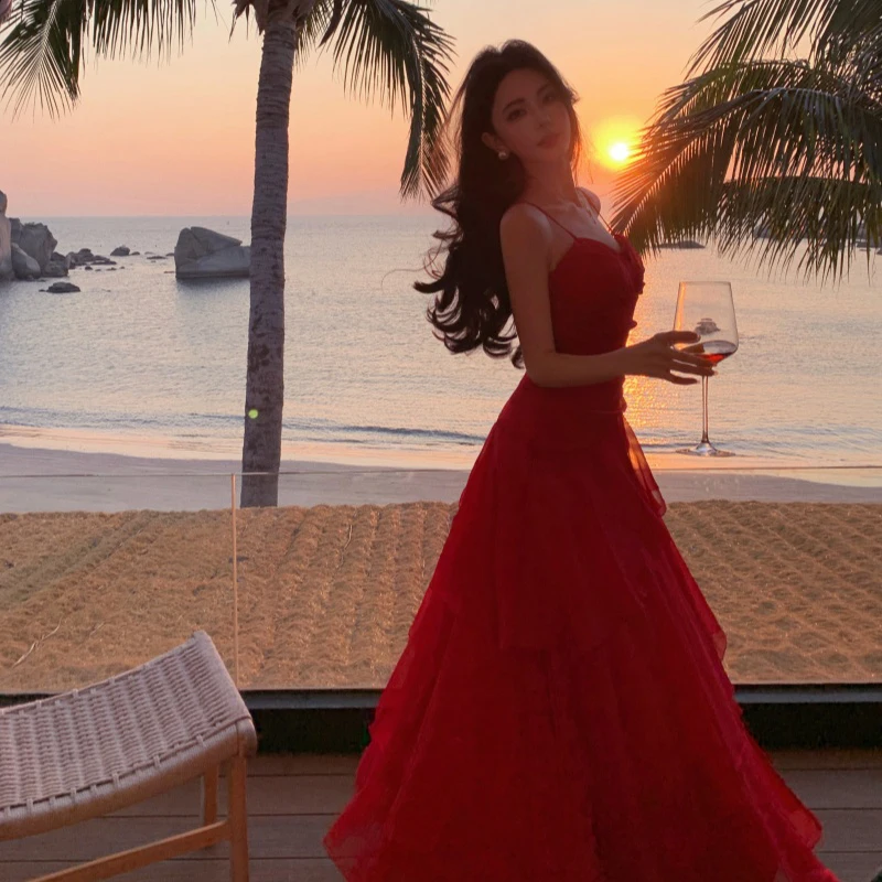 Czerwona Słodka Sukienka na Ramiączkach Damska Boho Wakacyjna Sukienka Szyfonowa Koreański Szyk Harajuku Falbanki Wysoki Stan Wyszczuplająca Sukienka na Cienkich Ramiączkach Vestidos