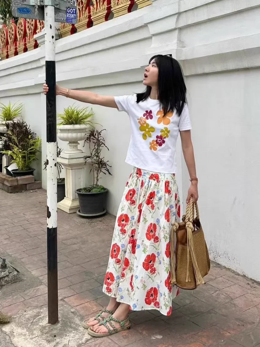 

Women Floral Print Long Skirt High Waist A-Line Loose Casual 100% Cotton Jupe