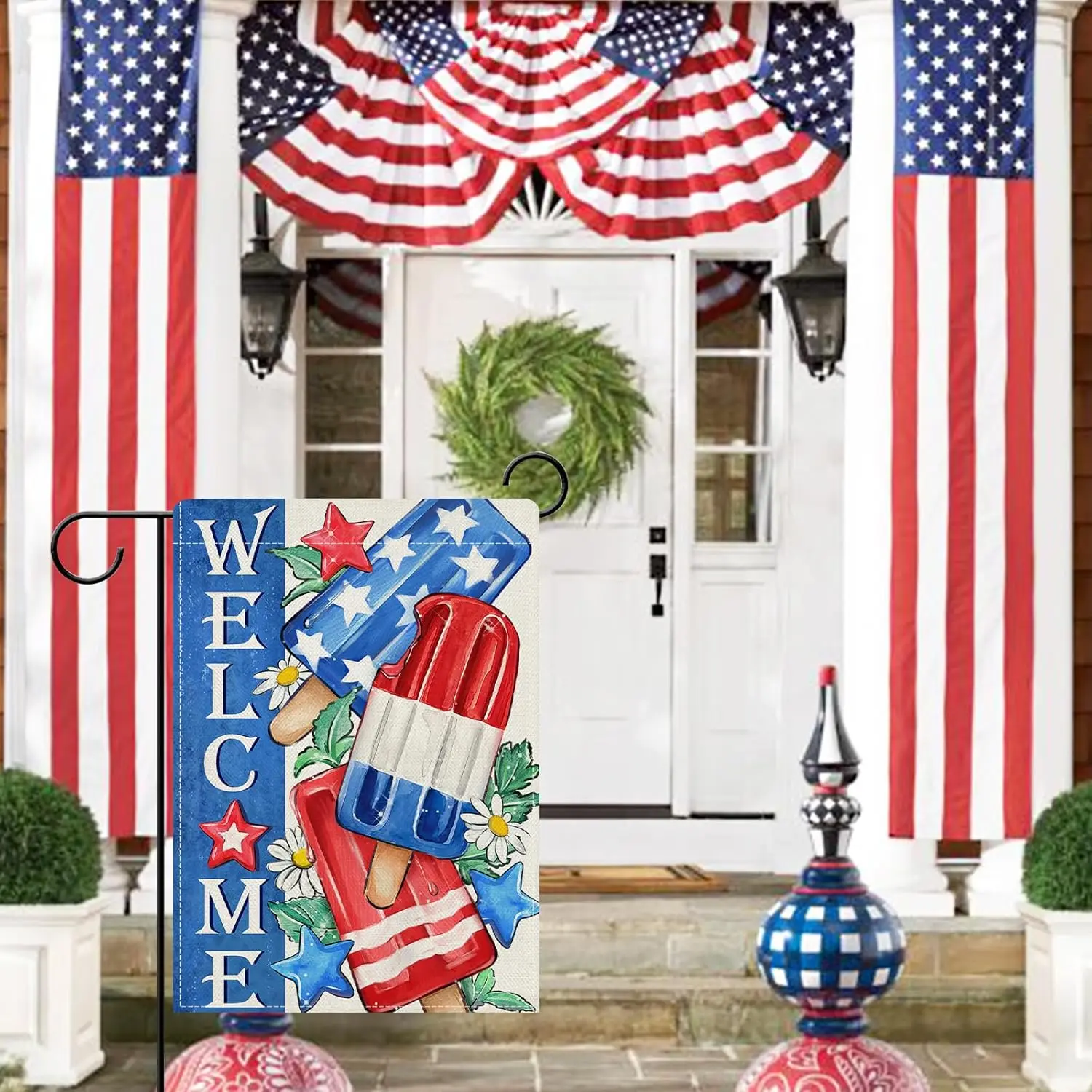 Dyrenson Welcome 4th of July Popsicles Patriotic Decorative Garden Flag, Summer America Daisy Flower Yard Outside Home Decor WWP