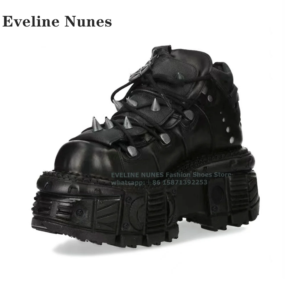 

Metal Rivet Platform Punk Ankle Boots Round Toe Height Increasing Cross Tied Patchwork Couple Sneakers Plus Size Cool Dark 2024