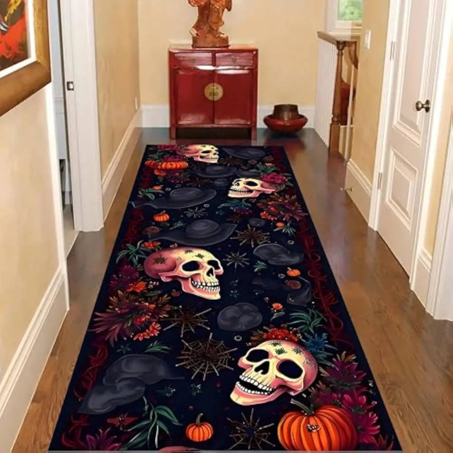 

VIKAMA Skull Long Strip Halloween Hallway Carpet Black Runner Print Rug Soft Washable Floral Non-Slip Rug for Hallway Home Decor