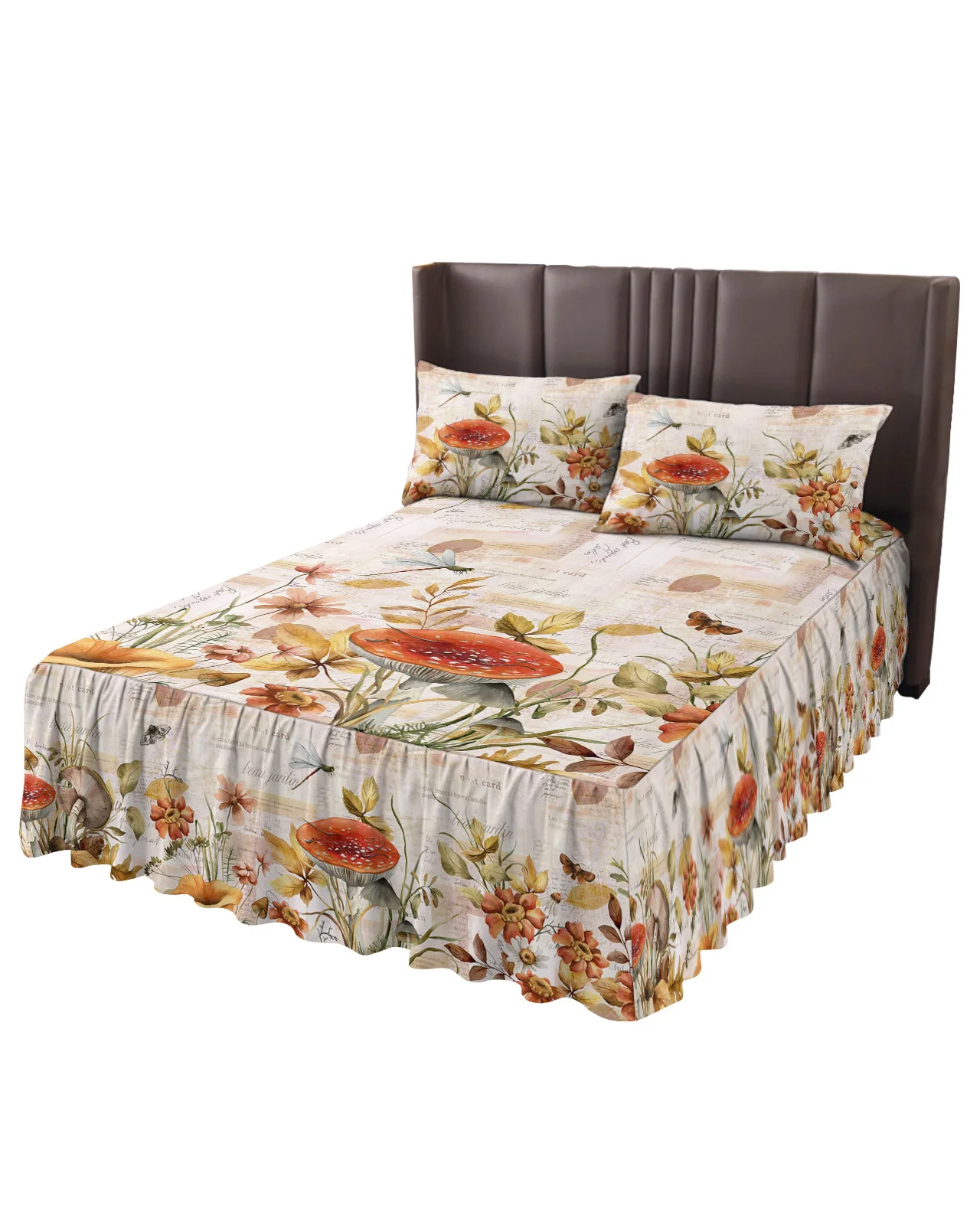 Autumn Mushroom Flower Butterfly Dragonfly Bed Skirt Fitted Bedspread With Pillowcases Mattress Cover Bedding Set Bed Sheet