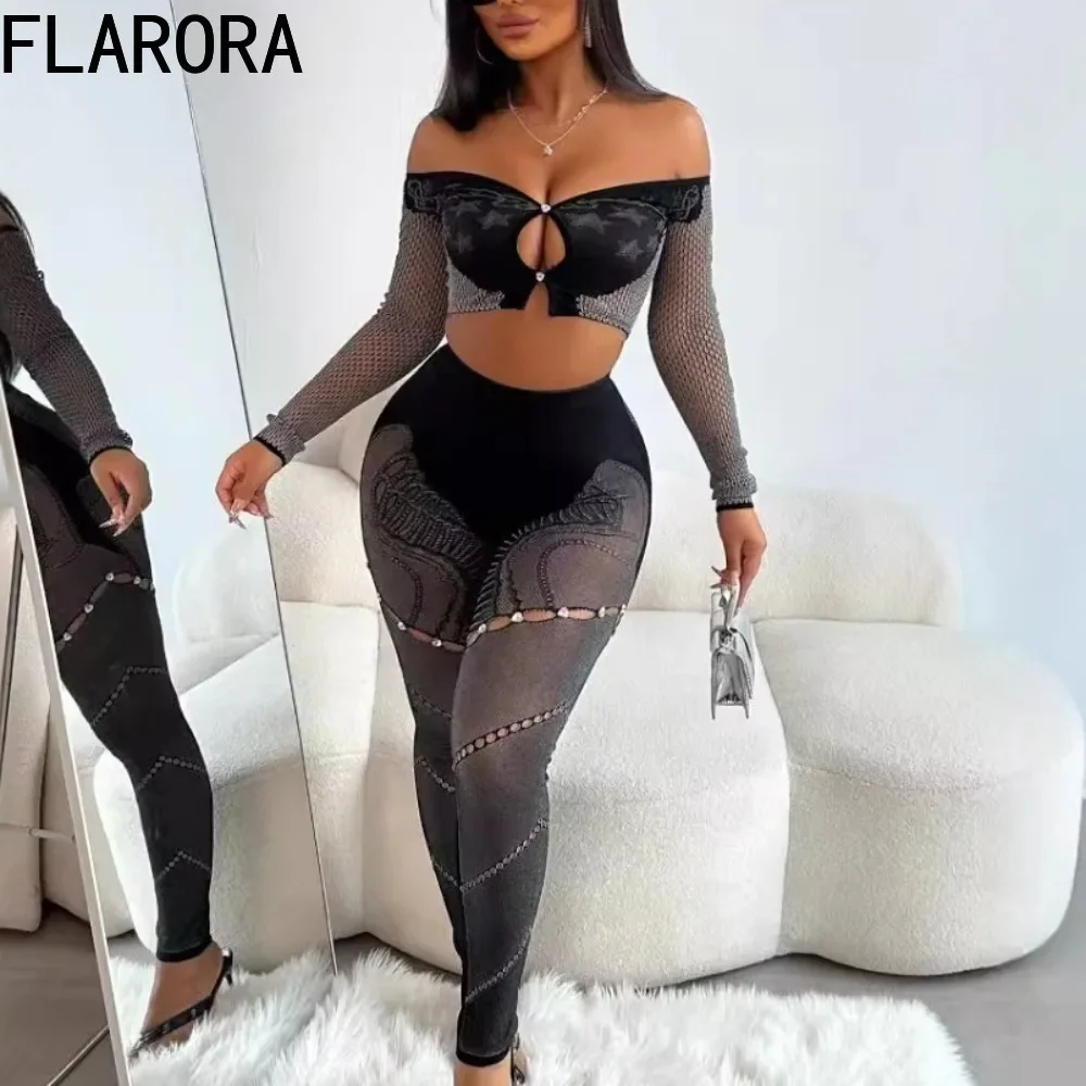 FLARORA Sexy Hollow Rhinestones Two Piece Sets Woman Off Shoulder Long Sleeve Crop Tops And Pants Female Elastic Lace Outfits