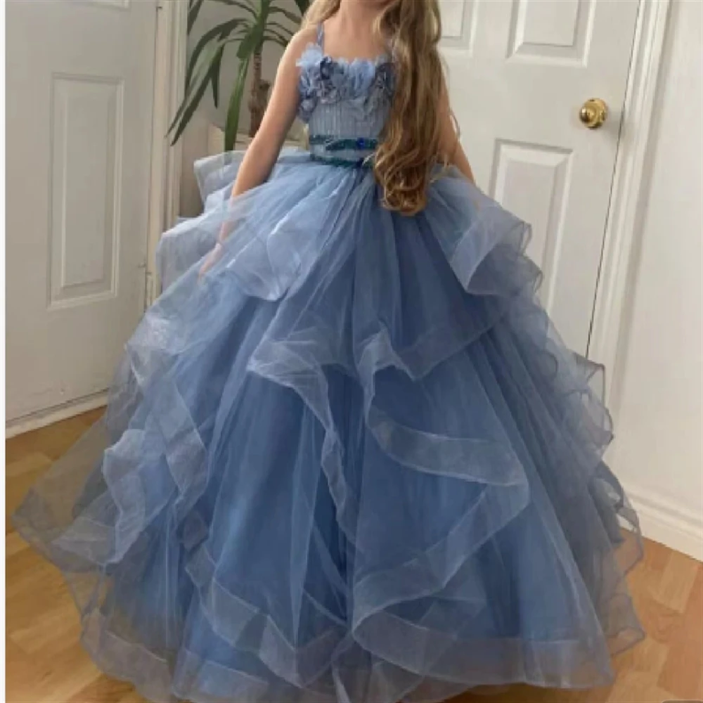 Vestidos de flores para niña, apliques de tul finos con correa para el hombro, tul de princesa de comunión, vestido de baile de cumpleaños para niñas, hasta el suelo