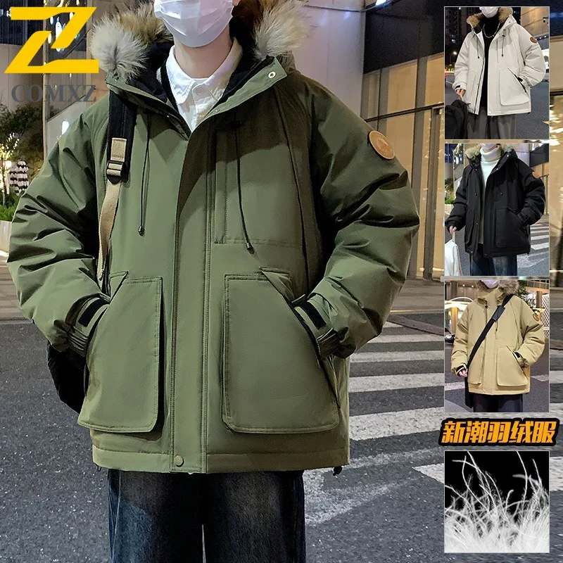 

COMXZ Cold Proof Quilted Jacket Fur Collar Lightweight Multi-Pocket Camping Padding Coat High Quality Down Jacket Men's Clothing