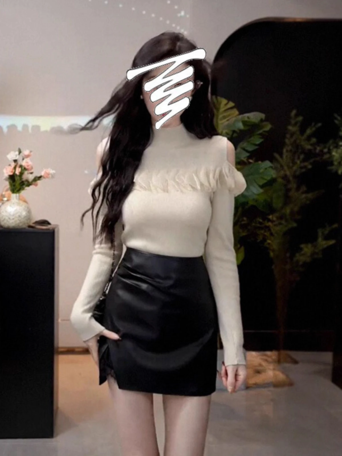 

Новый осенний женский облегающий трикотажный топ с длинным рукавом и кружевной отделкой Eleoulder Bared Me