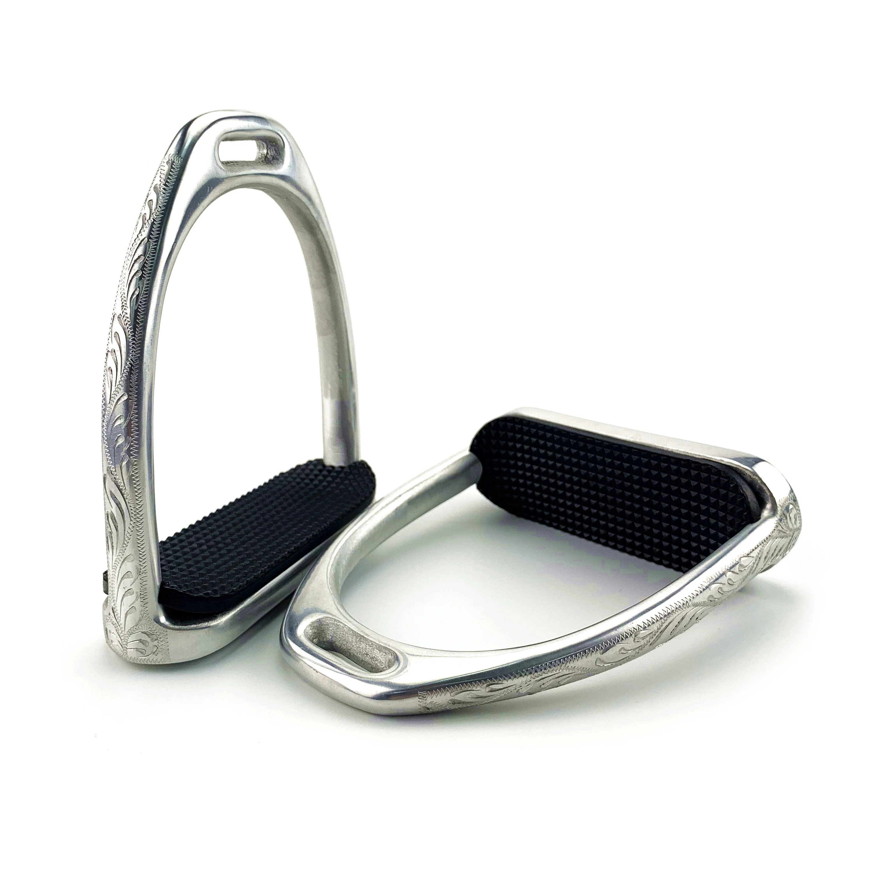 

Engraved English Aluminum Horse Stirrups, Side Detailing + Rubber Pad