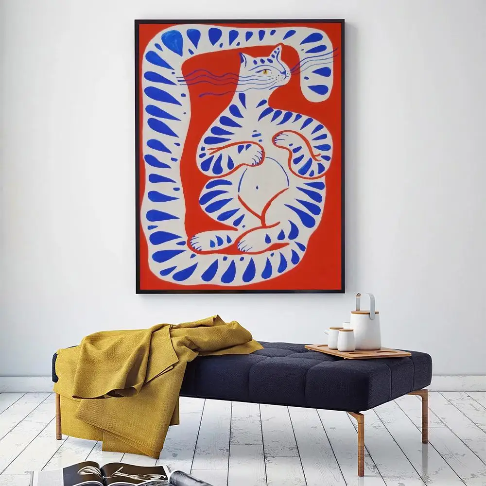 Abstract Blue Striped Cat HD Wall Art Poster Red Background Botanical Plant Nature Farmhouse Home Decor Cat Lover Gift