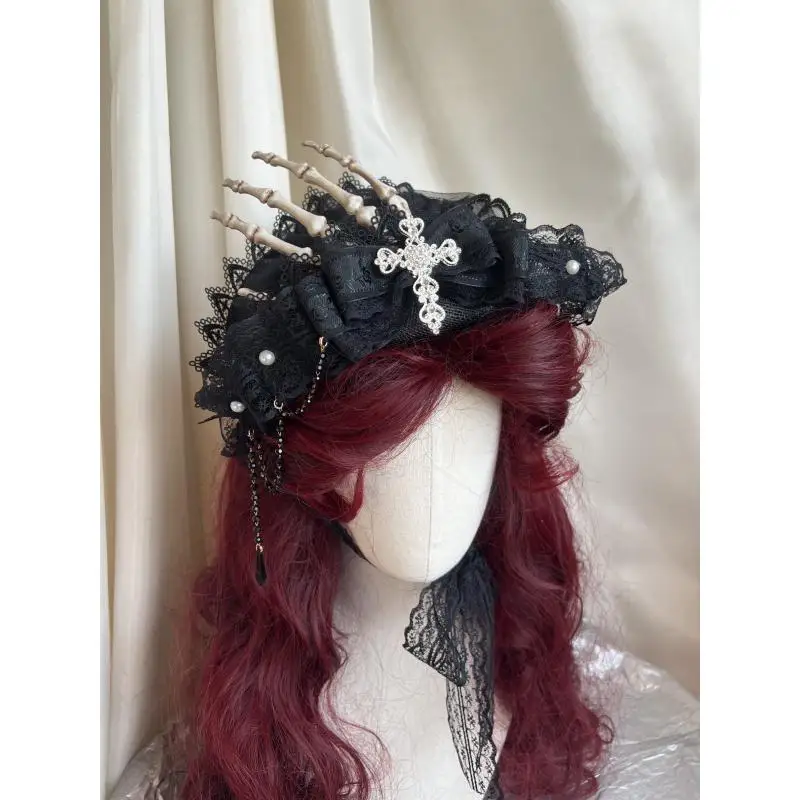 ゴシックロリータスケルトンハンドハロウィンヘッドドレスブラックレースリボン小さな帽子コスプレ女性ヘアアクセサリー