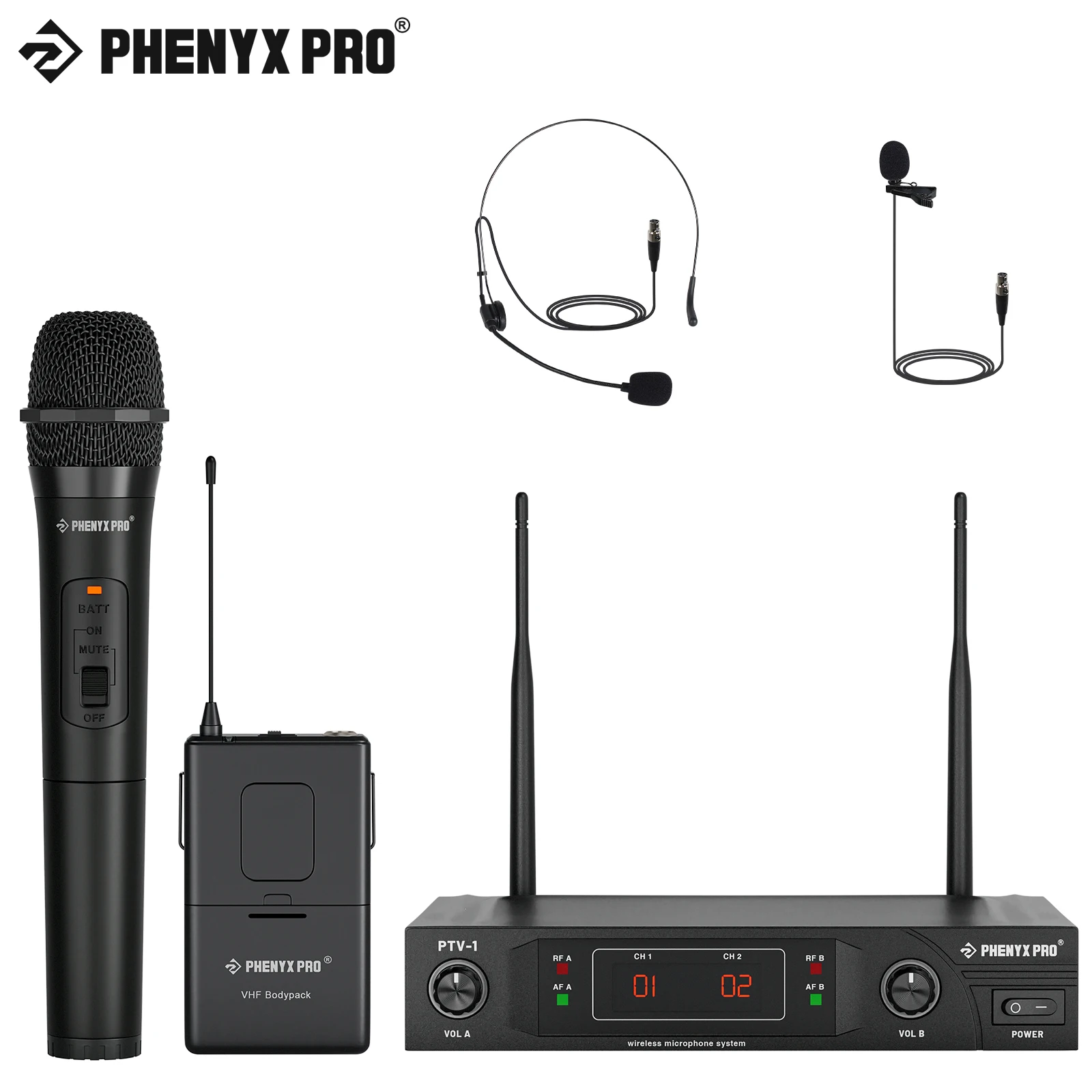 

VHF Wireless Mic Set with Handheld/Bodypack/Headset/Lapel Mics for Karaoke, Church, DJ Phenyx Pro Wireless Microphone System