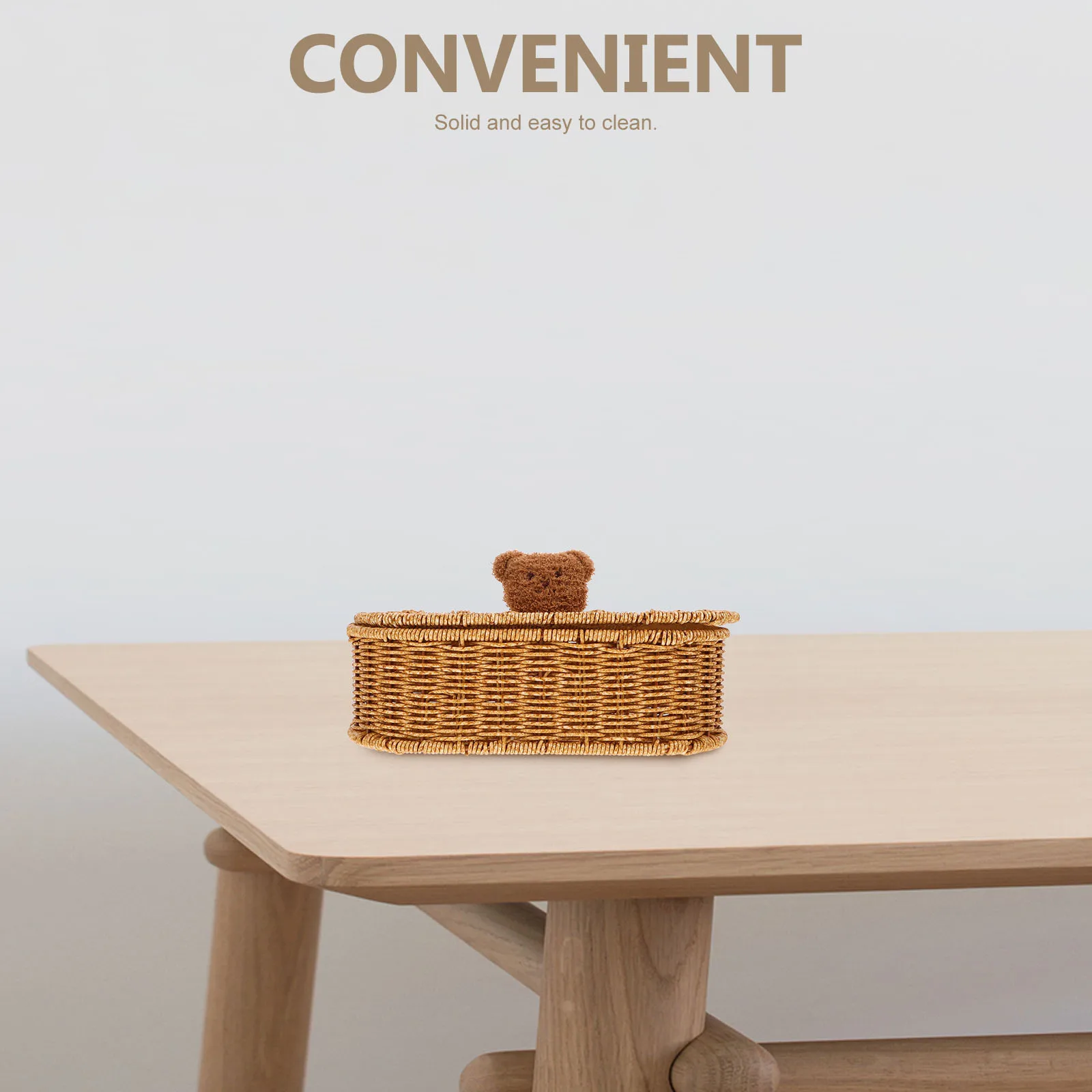 

Woven Rattan Style Storage Bin with Cute Bear Topper Desktop Sundries Organizer for Home Office School Decorative Countertop