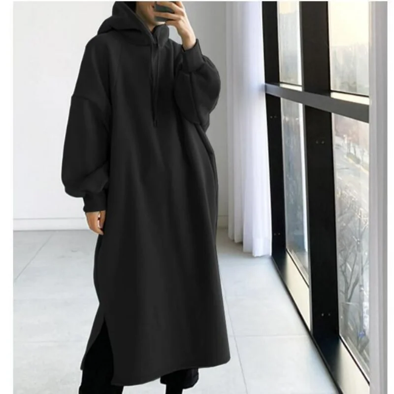 Thicken Autumn Winter Women Oversized Hoodie Long Dress Solid Fashion Long Sleeve Female Clothing Split Casual Loose New Dresses