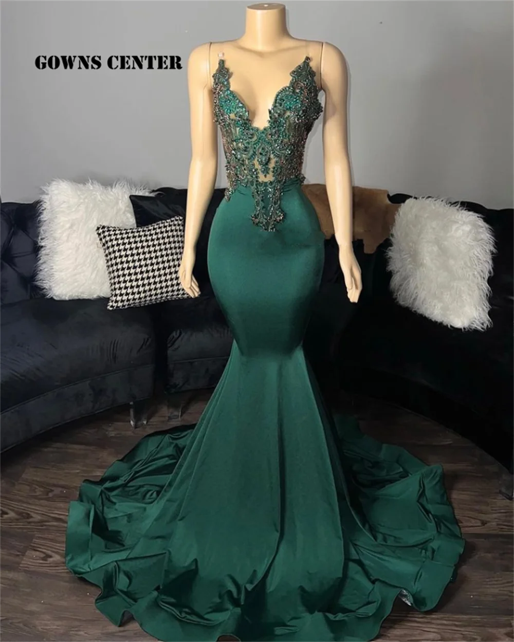 Vintage Dark Green Transparent Spaghetti Mermaid Prom Dresses Black Girls Backless Evening Dress Wedding Party Gown Customized