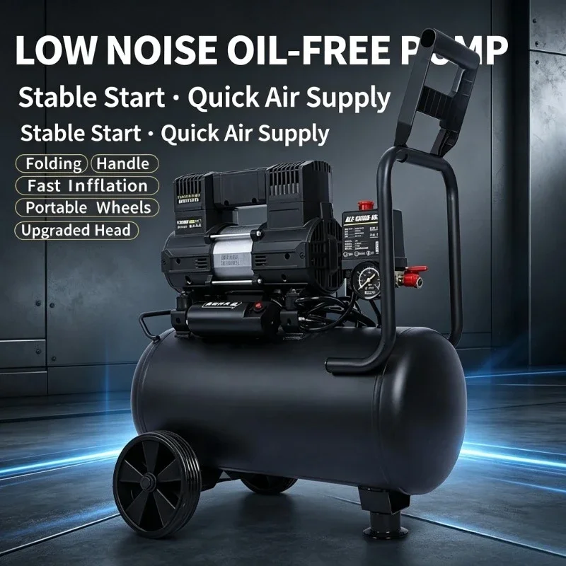 220V Portable Oil Free Silent Air Compressor, Mini Low Noise Air Pump for Home Woodworking Paint Spraying
