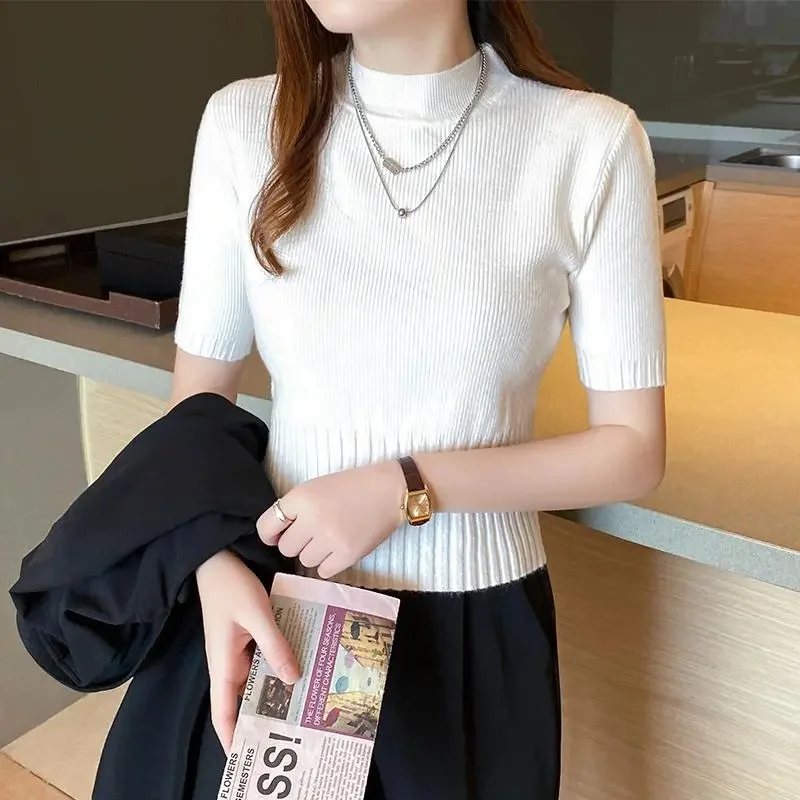 2024 Basic Turtleneck Solid Thin Summer Pullover Women Female Knitted Ribbed Sweater Slim Short Sleeve Bodycon Sweater