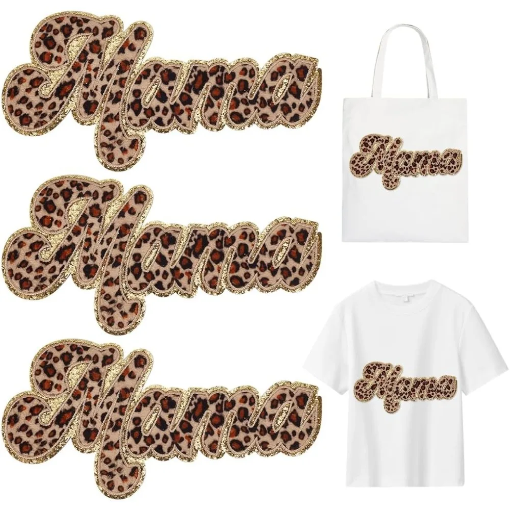 3pcs Leopard Print Mama Iron On Letters Patches for Clothing 9.7×4.7inch Mama Iron on Patches Gold Border Decorate Repair