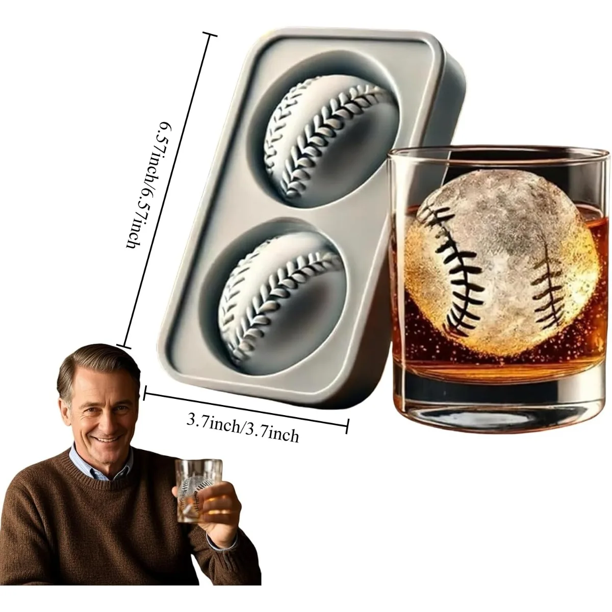 Baseball Ice Mold, 3D Sphere Whiskey Ice Cube Molds Large Ice Ball Maker for Whiskey - Easy Release for Drinks & Gifts