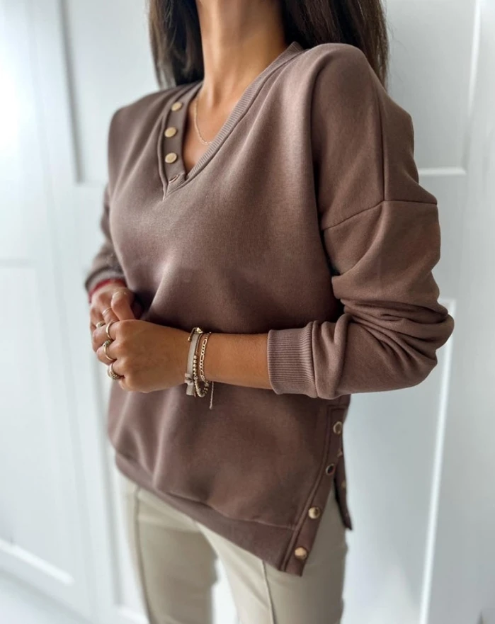 V-Neck Long Sleeve Pullover Sweatshirt Button Decor Side Slit Top