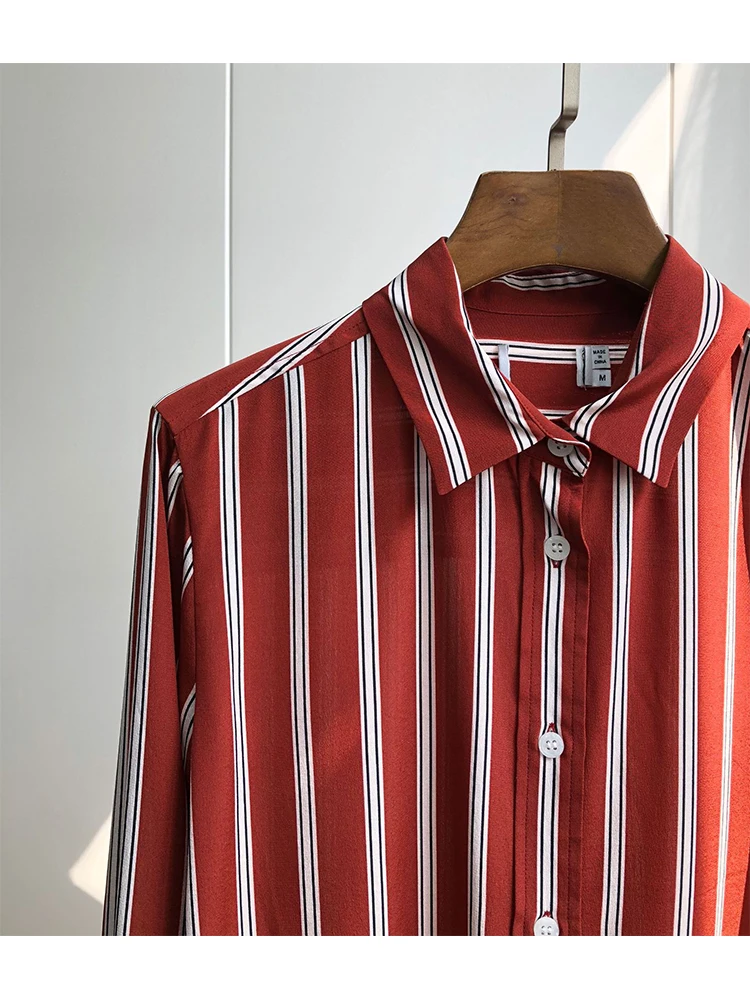 Birdtree 18MM Sandwashed Crepe De Chine 100%Silk Shirt Red And White Stripes French Vintage Square Neck Commuter Top T38070QD